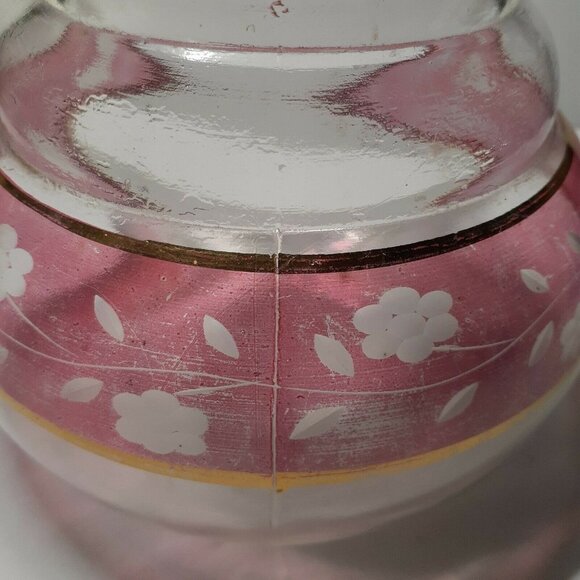 Vtg Kent Wine Decanter Plastic Ribbed Neck Red Flash Etched Glass Flower Barware - Picture 2 of 5